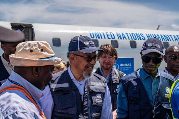 (260531) -- BUNIA, May 31, 2026 () -- World Health Organization (WHO) Director-General Tedros Adhanom Ghebreyesus (C) arrives in Bunia, the capital of Ituri Province in the Democratic Republic of the Congo, May 30, 2026. Tedros on Saturday called on countries that have imposed travel bans or closed borders in response to the Ebola outbreak in the Democratic Republic of the Congo and Uganda to reconsider such measures. () DR CONGO-BUNIA-WHO-DIRECTOR-GENERAL-VISIT Xinhua 