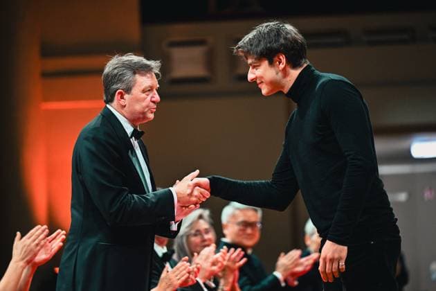 President of the jury Gilles Ledure and Ivan Sendetsky of Russia pictured after the final of the 2026 Queen Elisabeth Cello Competition, at the Brussels Bozar concert hall, Saturday 30 May 2026. This year s edition of the competition for career-starting musicians takes place from 4 to 30 May.  EMILExWINDAL 175512768