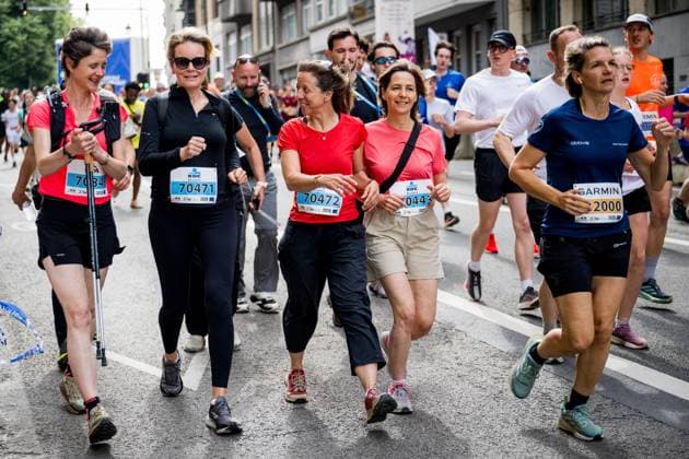 Queen Mathilde of Belgium pictured in action during the 46th edition of the Brussels 20km run, Sunday 31 May 2026 in Brussels.  JASPERxJACOBS 1078052540st