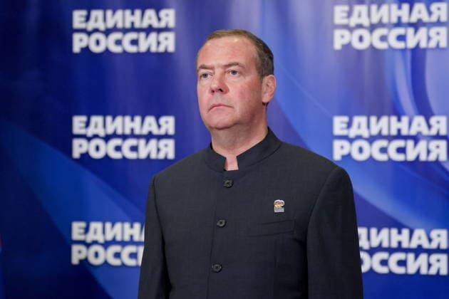 RUSSIA, MOSCOW REGION - MAY 31, 2026: United Russia Party Chairman Dmitry Medvedev is seen in the Gorki residence while hosting a video-conference meeting to discuss the results of the party s 2026 preliminary e-vote for candidates for members of legislative assemblies at all levels of government. Yekaterina Shtukina POOL TASS  93246747