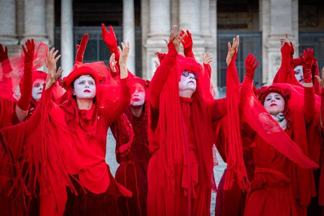 May 31, 2026, Rome, Rm, Italy: A few days before the 80th anniversary of the Italian Republic on June 2nd, the action of Red Rebels Brigade, in front of San Giovanni Basilica, expresses the deep sorrow for the victims of war and the climate crisis, showing their anger toward the government that finances both with its policies. The Red Rebels are a symbol of hope for a world where violence does not reign, but rather peace and harmony with the earth. Rome Italy  - ZUMAg256 20260531_znp_g256_005 Copyright: xMarcoxDixGianvitox