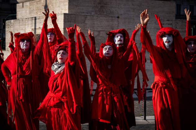 May 31, 2026, Rome, Rm, Italy: A few days before the 80th anniversary of the Italian Republic on June 2nd, the action of Red Rebels Brigade, in front of San Giovanni Basilica, expresses the deep sorrow for the victims of war and the climate crisis, showing their anger toward the government that finances both with its policies. The Red Rebels are a symbol of hope for a world where violence does not reign, but rather peace and harmony with the earth. Rome Italy  - ZUMAg256 20260531_znp_g256_029 Copyright: xMarcoxDixGianvitox