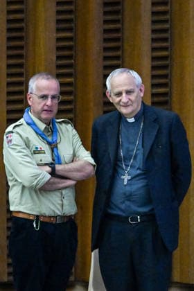 ITALY - POPE LEO XIV DURING AUDIENCE WITH MEMBERS OF THE ITALIAN ASSOCIATIONS OF CATHOLIC GUIDES AND SCOUTS OF EUROPE DURING THE MEETING AT THE VATICAN- 2026 6 1 Italy, Rome, Vatican, 2026 6 Fabrizio Marano, Chief Scout of Italy (AGESCI) (left), speaks with Cardinal Matteo Zuppi during their meeting at the Vatican EDITORIAL USE ONLY - NO BOOKS Copyright: xALESSIAxGIULIANIx