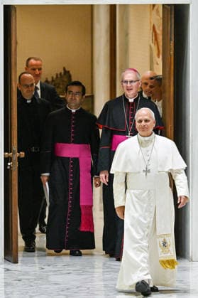 ITALY - POPE LEO XIV DURING AUDIENCE WITH MEMBERS OF THE ITALIAN ASSOCIATIONS OF CATHOLIC GUIDES AND SCOUTS OF EUROPE DURING THE MEETING AT THE VATICAN- 2026 6 1 Italy, Rome, Vatican, 2026 6 1 Pope Leo XIV greets members of the Italian Associations of Catholic Guides and Scouts of Europe, during their meeting at the Vatican EDITORIAL USE ONLY - NO BOOKS Copyright: xALESSIAxGIULIANIx