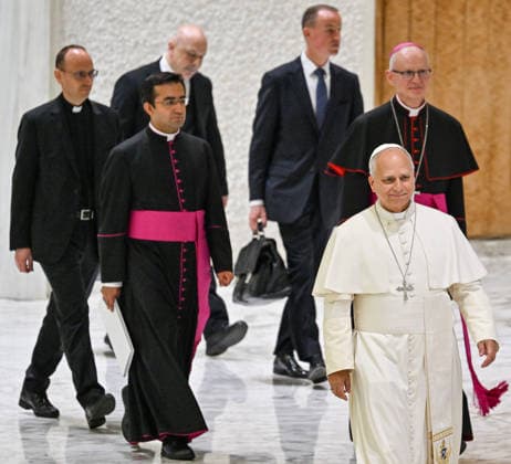 ITALY - POPE LEO XIV DURING AUDIENCE WITH MEMBERS OF THE ITALIAN ASSOCIATIONS OF CATHOLIC GUIDES AND SCOUTS OF EUROPE DURING THE MEETING AT THE VATICAN- 2026 6 1 Italy, Rome, Vatican, 2026 6 1 Pope Leo XIV greets members of the Italian Associations of Catholic Guides and Scouts of Europe, during their meeting at the Vatican EDITORIAL USE ONLY - NO BOOKS Copyright: xALESSIAxGIULIANIx