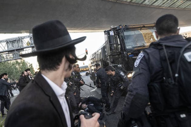 Ultra-Orthodox Jews protest mandatory military service in Jerusalem JERUSALEM - JUNE 1: Israeli police use stun grenades and mounted units to disperse ultra-Orthodox Jewish (Haredi) demonstrators protesting the detention of draft resisters and mandatory military service in West Jerusalem on June 1, 2026. Gathering at the Hamitarim Bridge, a major junction in the city, protesters condemned the arrest of nine Haredi men in Beit Shemesh a day earlier and blocked traffic, causing major disruptions before police moved to clear the roadway. Mostafa Alkharouf Anadolu Jerusalem Israel. Editorial use only. Please get in touch for any other usage.  Copyright: x2026xAnadoluxMostafaxAlkharoufx