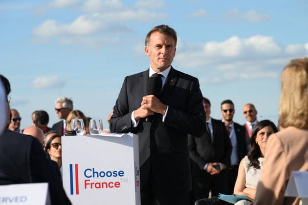 Choose France Business Summit - Paris French president Emmanuel Macron delivers a speech during a Choose France summit in Versailles, France on June 1, 2026. Photo by Eliot Blondet ABACAPRESS.COM Versailles France  Copyright: xBlondetxEliot ABACAx