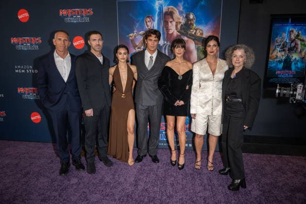 Masters of the Universe Fan Screening, New York, USA - 01 Jun 2026 (L-R) Ynon Kreiz, Travis Knight, Camila Mendes, Nicholas Galitzine, Alison Brie, Morena Baccarin and Courtenay Valenti attend Masters of the Universe Fan Screening at Regal Times Square on June 1, 2026 in New York City. New York United States Copyright: xRonxAdarx xSOPAxImagesx _radar_motu_20260601_01456