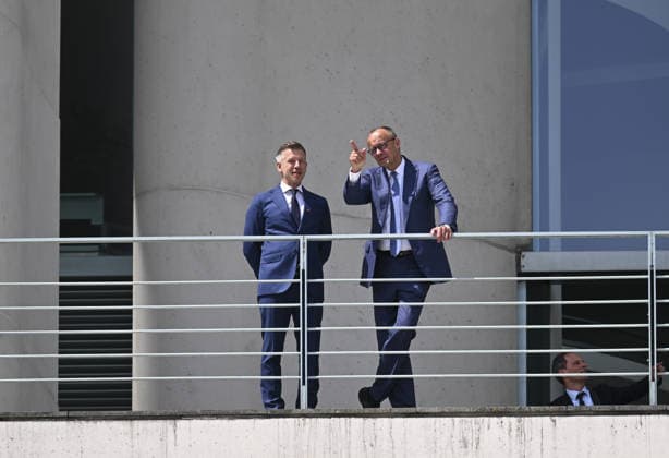 Hungarian Prime Minister Peter Magyar visits Germany BERLIN, GERMANY - JUNE 2: German Chancellor Friedrich Merz (R) and Hungarian Prime Minister Peter Magyar (L) talk on the balcony of the Federal Chancellery before their bilateral meeting during Magyar’s visit to Germany in Berlin, Germany, on June 2, 2026. Magyar was welcomed by Merz with an official ceremony at the Chancellery prior to the talks. Halil Sagirkaya Anadolu Berlin Germany. Editorial use only. Please get in touch for any other usage.  Copyright: x2026xAnadoluxHalilxSagirkayax