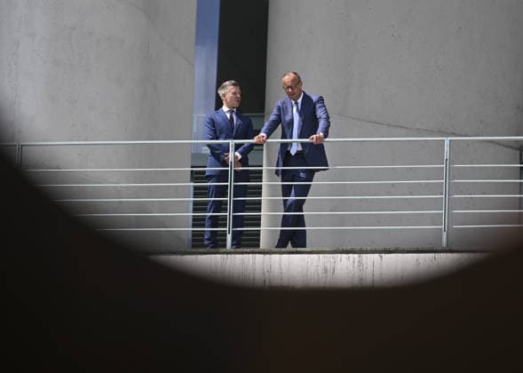 Hungarian Prime Minister Peter Magyar visits Germany BERLIN, GERMANY - JUNE 2: German Chancellor Friedrich Merz (R) and Hungarian Prime Minister Peter Magyar (L) talk on the balcony of the Federal Chancellery before their bilateral meeting during Magyar’s visit to Germany in Berlin, Germany, on June 2, 2026. Magyar was welcomed by Merz with an official ceremony at the Chancellery prior to the talks. Halil Sagirkaya Anadolu Berlin Germany. Editorial use only. Please get in touch for any other usage.  Copyright: x2026xAnadoluxHalilxSagirkayax