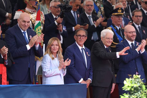 IPA85260578 - Rome, Italy - June 2, 2026: Guido Crosetto, Giorgia Meloni, Ignazio la Russian, Segio Mattarella, Lorenzo Fontana. Heads of state and government guests of the Republic Day celebrations attend the traditional military parade along the Imperial Forum, in the presence of the President of the Republic. The ceremony, which pays tribute to the values of the Republic and the Armed Forces, takes place in the heart of the Capital in front of Italy s highest institutional officials and international delegations.  Copyright: xmarcoxiacobuccix xmarcoxiacobuccix 85260578
