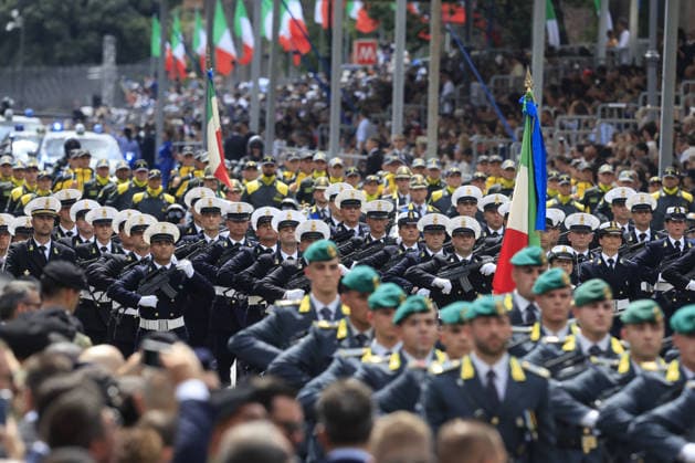 Italy marks 80th anniversary of Republic Day ROME, ITALY - JUNE 02: Soldiers march during a military parade marking the 80th anniversary of the Italian Republic in Rome, Italy, on June 2, 2026. Riccardo De Luca Anadolu Rome Italy. Editorial use only. Please get in touch for any other usage.  Copyright: x2026xAnadoluxRiccardoxDexLucax