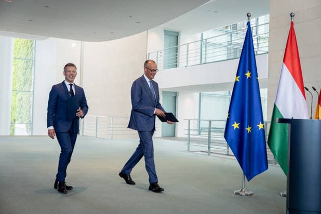 Friedrich Merz, Bundeskanzler, Ministerpräsident, Péter Magyar Berlin, Bundeskanzleramt, Pressekonferenz, Friedrich Merz, Bundeskanzler, Ministerpräsident, Ungarn, Péter Magyar Berlin Berlin GER *** Friedrich Merz, Federal Chancellor, Prime Minister, Péter Magyar Berlin, Federal Chancellery, Press conference, Friedrich Merz, Federal Chancellor, Prime Minister, Hungary, Péter Magyar Berlin Berlin GER