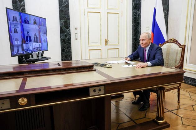 RUSSIA, MOSCOW - JUNE 2, 2026: Russia s President Vladimir Putin attends a meeting of the Presidential Council for State Policy on Promoting the Russian Language and the Languages of the Peoples of Russia via video link. Vyacheslav Prokofyev Russian Presidential Press and Information Office TASS  93299004