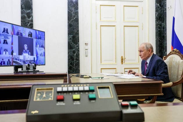 RUSSIA, MOSCOW - JUNE 2, 2026: Russia s President Vladimir Putin attends a meeting of the Presidential Council for State Policy on Promoting the Russian Language and the Languages of the Peoples of Russia via video link. Vyacheslav Prokofyev Russian Presidential Press and Information Office TASS  93299348