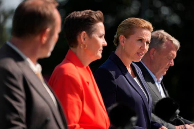DENMARK Government Platform Presented Party leaders Martin Lidegaard (The Social Liberal Party), Pia Olsen Dyhr (SF), incoming Prime Minister Mette Frederiksen (Social Democrats), and Lars Loekke Rasmussen (Moderates) present the government platform for a new government in Denmark, at Marienborg in Kongens Lyngby, Tuesday, June 2, 2026. (Photo: Mads Claus Rasmussen Scanpix 2026) , Kgs. Lyngby Denmark *** DENMARK Government Platform Presented Party leaders Martin Lidegaard The Social Liberal Party , Pia Olsen Dyhr SF , incoming Prime Minister Mette Frederiksen Social Democrats , and Lars Loekke Rasmussen Moderates present the government platform for a new government in Denmark, at Marienborg in Kongens Lyngby, Tuesday, June 2, 2026 Photo M  Copyright: LiselottexSabroex spdk20260602-160523-L
