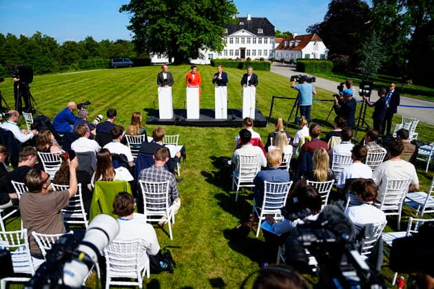 DENMARK Government Platform Presented Party leaders Martin Lidegaard (The Social Liberal Party), Pia Olsen Dyhr (SF), incoming Prime Minister Mette Frederiksen (Social Democrats), and Lars Loekke Rasmussen (Moderates) present the government platform for a new government in Denmark, at Marienborg in Kongens Lyngby, Tuesday, June 2, 2026. (Photo: Mads Claus Rasmussen Scanpix 2026) , Kgs. Lyngby Denmark *** DENMARK Government Platform Presented Party leaders Martin Lidegaard The Social Liberal Party , Pia Olsen Dyhr SF , incoming Prime Minister Mette Frederiksen Social Democrats , and Lars Loekke Rasmussen Moderates present the government platform for a new government in Denmark, at Marienborg in Kongens Lyngby, Tuesday, June 2, 2026 Photo M  Copyright: MadsxClausxRasmussenx spdk20260602-160614-L