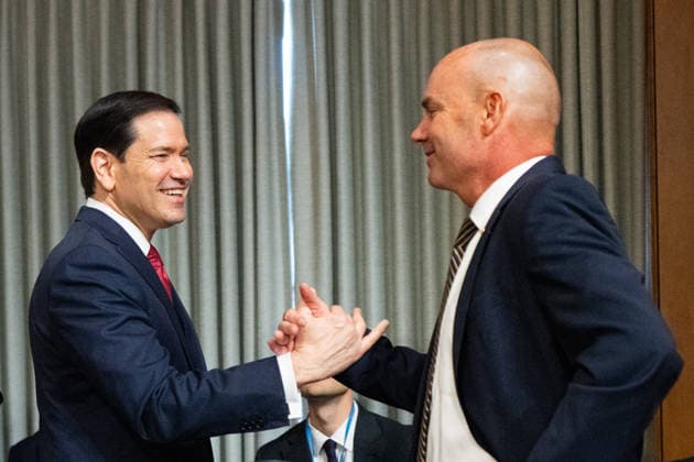 Secretary of State Marco Rubio UNITED STATES - JUNE 2: Secretary of State Marco Rubio, left, shakes hands with Sen. Mike Lee, R-Utah., as he arrives to testify to the Senate Foreign Relations Committee hearing on the budget request for the State Department in the Dirksen Senate Office Building on Tuesday, June 2, 2026. (Bill Clark CQ Roll Call) Washington DC United States EDITORIAL USE ONLY Copyright: x 2026xCQxRollxCallx BillxClarkx rollcallpix171282