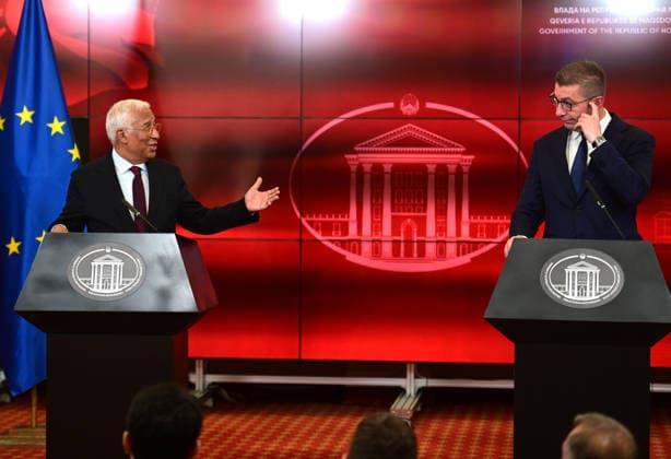 Antonio Costa European Council President during a joint press conference with Hristijan Mickoski Prime Minister of North Macedonia in Skopje, North Macedonia, 2 Juney 2026. IMAGO PETR STOJANOVSKI
