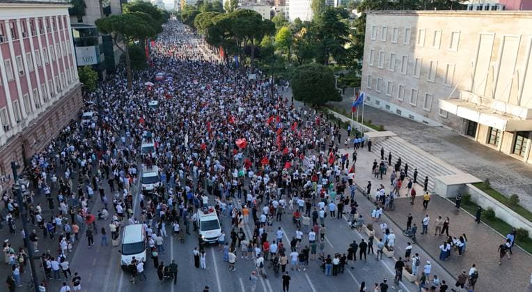 Protests continue in Albania over planned tourism project TIRANA, ALBANIA - JUNE 2: An aerial view of thousands of demonstrators carrying banners and placards gather at Skanderbeg Square as they gather to protest the planned sale of a beach in the Zvernec area of Vlora as part of a tourism development project, in Tirana, Albania on June 2, 2026. Protesters after marched toward the Prime Minister’s Office to voice opposition to the project. Olsi Shehu Anadolu Tirana Albania. Editorial use only. Please get in touch for any other usage.  Copyright: x2026xAnadoluxOlsixShehux