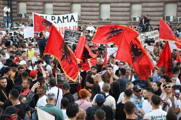 Protests continue in Albania over planned tourism project TIRANA, ALBANIA - JUNE 2: Thousands of demonstrators carrying banners and placards gather at Skanderbeg Square to protest the planned sale of a beach in the Zvernec area of Vlora as part of a tourism development project, in Tirana, Albania on June 2, 2026. Protesters after marched toward the Prime Minister’s Office to voice opposition to the project. Olsi Shehu Anadolu Tirana Albania. Editorial use only. Please get in touch for any other usage.  Copyright: x2026xAnadoluxOlsixShehux