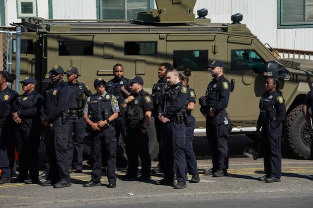 June 2, 2026, Newark, New Jersey, United States: Newark Police officers stand beside a Lenco BearCat. Newark Mayor Baraka would announce that the city will be filing a lawsuit against the operators of Delaney Hall to close the detention center due to reports of health and safety concerns. Newark United States  - ZUMAf193 20260602_znp_f193_006 Copyright: xDerekxFrenchx