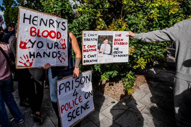 June 2, 2026, London, United Kingdom: Protestors outside Southampton Central Police Station hold placards accusing the police of killing teenager Henry Nowak during the rally. Southampton locals organized a flash protest following the release of Police body-cam footage of the arrest and subsequent death of Henry Nowak. The 18 year old was handcuffed by Hampshire Constabulary who accused him of racial abuse and did not believe that he had been stabbed. He subsequently bled to death in custody. The protest outside Southampton Central Police Station accused the government of 2 tier policing. London United Kingdom  - ZUMAs197 20260602_aaa_s197_104 Copyright: xLabxMox