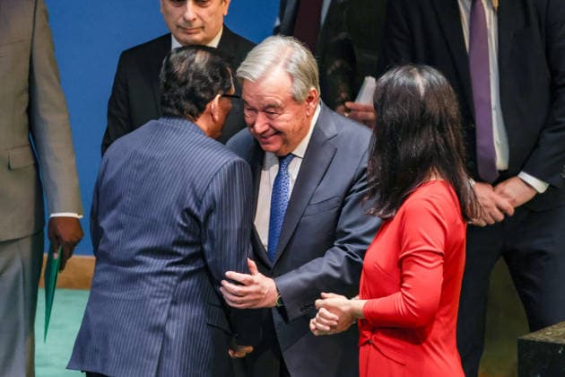 June 2, 2026, New York, New York, USA: United Nations Secretary-General ANTONIO GUTERRES congratulates KHALILUR RAHMAN of Bangladesh in the General Assembly Hall after his election as President of the 81st session of the UN General Assembly, as President of the General Assembly ANNALENA BAERBOCK stands beside them. New York USA - ZUMAo116 20260602_znp_o116_051 Copyright: xBiancaxOterox