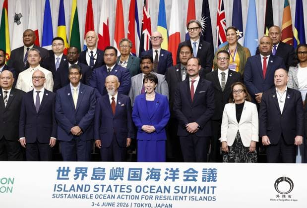 Island States Ocean Summit in Tokyo Leaders and representatives of island nations and relevant organizations pose for a photo as they attend the Island States Ocean Summit in Tokyo on June 3, 2026. Japanese Prime Minister Sanae Takaichi (C, front row) delivered a speech on the first day of the two-day summit, pledging that Japan will continue to assist nations and regions facing challenges stemming from climate change and rising sea levels.  A14AA0005617522P