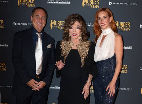 Mark Rozzano, Dame Joan Collins and Hana Vagnerová attends A Murder Between Friends UK Premiere at the Curzon Mayfair in London, England. UK. Tuesday 2nd June 2026. Copyright: xJamesxWarrenx ae7dj364