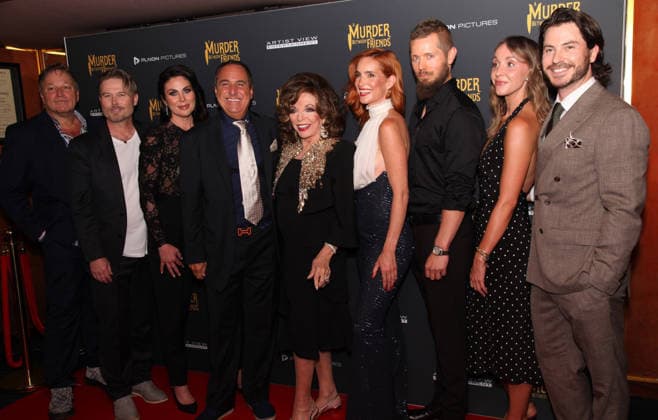 Murder Between Friends premiere London, UK. Joan Collins (centre) with cast and production at the Murder Between Friends premiere. Curzon Mayfair. 2nd June 2026. LMK11-S030626-001 Steve Bealing Landmark Media 