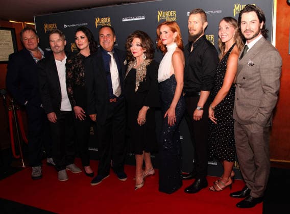 Murder Between Friends premiere London, UK. Joan Collins (centre) with cast and production at the Murder Between Friends premiere. Curzon Mayfair. 2nd June 2026. LMK11-S030626-001 Steve Bealing Landmark Media 