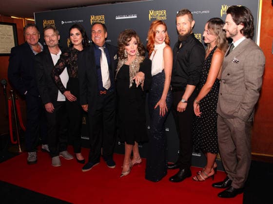 Murder Between Friends premiere London, UK. Joan Collins (centre) with cast and production at the Murder Between Friends premiere. Curzon Mayfair. 2nd June 2026. LMK11-S030626-001 Steve Bealing Landmark Media 