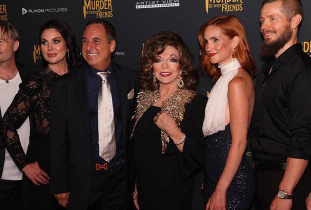 Murder Between Friends premiere London, UK. Joan Collins (centre) with cast and production at the Murder Between Friends premiere. Curzon Mayfair. 2nd June 2026. LMK11-S030626-001 Steve Bealing Landmark Media 
