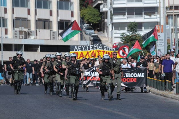 June 3, 2026, Piraeus, Greece: Demonstrators gather at the port of Piraeus to protest the arrival of a cruise ship carrying Israeli tourists. Protesters expressed solidarity with Palestinians and opposition to IsraelÃ¢â‚¬â ¢s military operations in Gaza, holding banners and chanting slogans as the vessel docked in GreeceÃ¢â‚¬â ¢s largest port. Piraeus Greece  - ZUMAv62_ 20260603_zaf_v62_010 Copyright: xAristidisxVafeiadakisx