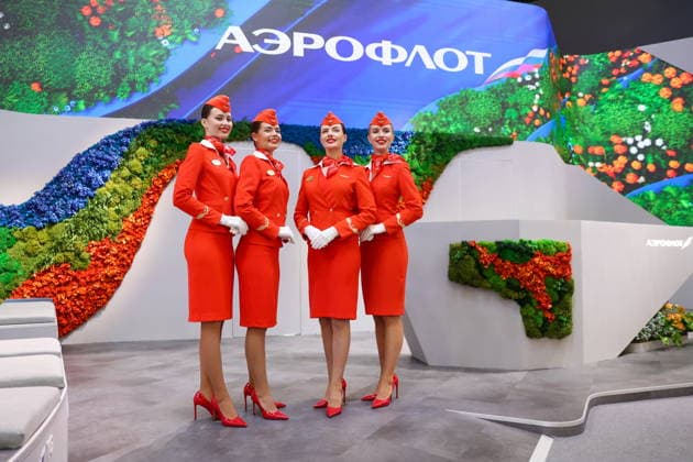 RUSSIA, ST PETERSBURG - JUNE 3, 2026: Air hostesses at the Aeroflot exhibition stand at the 2026 St Petersburg International Economic Forum at the ExpoForum Convention and Exhibition Centre St Petersburg Russia  - ZUMAt113 20260603_zaa_t113_182 Copyright: xValeryxSharifulinx