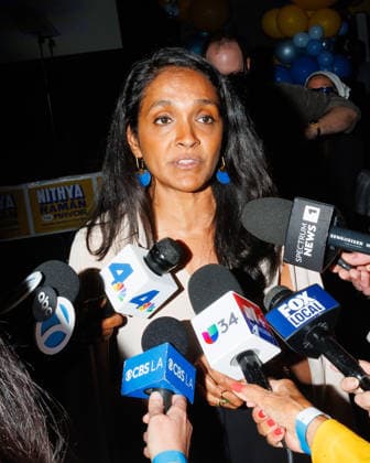 June 2, 2026, Los Angeles, California, USA: Los Angeles mayoral candidate and city councilmember NITHYA RAMAN answers questions from the press at her election night watch party in downtown Los Angeles, Calif. on Tuesday, June 2. Los Angeles USA - ZUMAt176 20260602_zsp_t176_001 Copyright: xJacksonxTammariellox