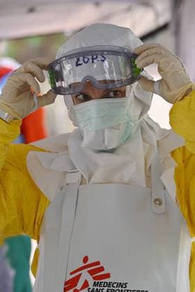 An ebola virus treatment training center, organized by the Medecins Sans Frontieres - Artsen Zonder Grenzen humanitarian charity in Brussels, visited on Wednesday 03 June 2026. The training covers putting on and taking off protective suits, caring for patients, and handling deaths.  ERICxLALMAND 175810127
