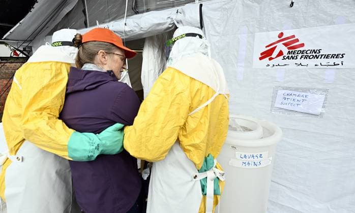 An ebola virus treatment training center, organized by the Medecins Sans Frontieres - Artsen Zonder Grenzen humanitarian charity in Brussels, visited on Wednesday 03 June 2026. The training covers putting on and taking off protective suits, caring for patients, and handling deaths.  ERICxLALMAND 175810736