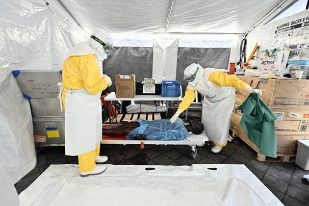 an ebola virus treatment training center, organized by the Medecins Sans Frontieres - Artsen Zonder Grenzen humanitarian charity in Brussels, visited on Wednesday 03 June 2026. The training covers putting on and taking off protective suits, caring for patients, and handling deaths.  ERICxLALMAND 175816235