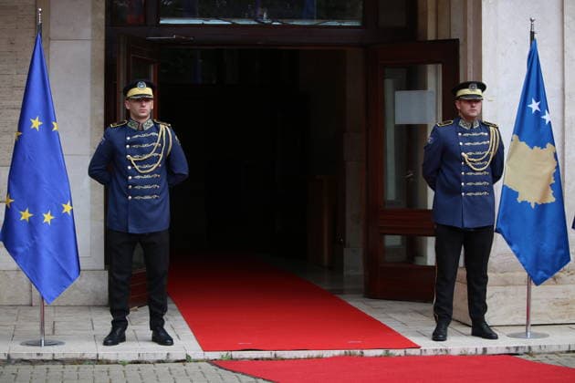 European Council President Costa meets acting Kosovo President Haxhiu in Pristina PRISTINA, KOSOVO - JUNE 03: Member of the ceremonial guard stand beside a Kosovo flag ahead of the meeting between President of the European Council Antonio Costa and Acting President of Kosovo and Speaker of the Assembly Albulena Haxhiu in Pristina, Kosovo, on June 03, 2026. Erkin Keçi Anadolu Pristina Kosovo. Editorial use only. Please get in touch for any other usage.  Copyright: x2026xAnadoluxErkinxKecix