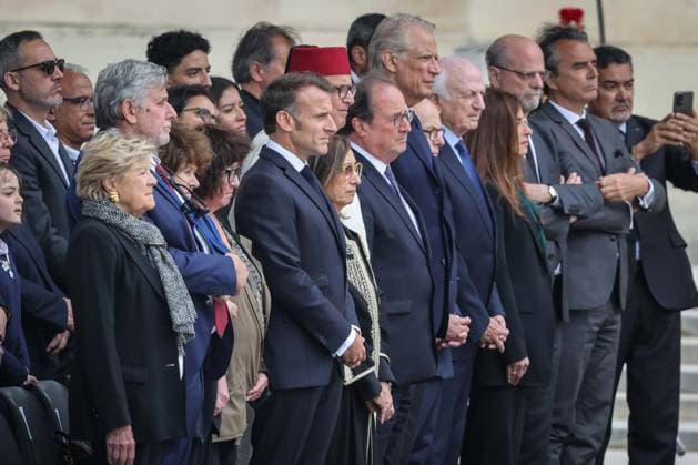 Paris, France le 03 juin 2026 - Le President de la Republique Emmanuel MACRON preside la ceremonie d hommage de la Nation a Edgar Morin, disparu le 29 mai dernier, aux Invalides - The President of the Republic Emmanuel MACRON presides over the Nation s tribute ceremony to Edgar Morin, who passed away on May 29, at the Invalides Ici Emmanuel MACRON, Dominique de VILLEPIN et Francois HOLLANDE  Copyright: xSebastienxTOUBONx