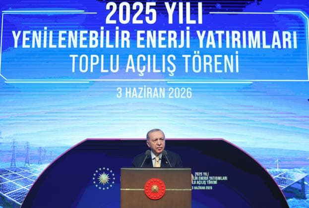 2025 Renewable Energy Investments Mass Opening Ceremony ANKARA, TURKIYE - JUNE 03: (----EDITORIAL USE ONLY MANDATORY CREDIT - TURKISH PRESIDENCY MUSTAFA KAMACI HANDOUT - NO MARKETING NO ADVERTISING CAMPAIGNS - DISTRIBUTED AS A SERVICE TO CLIENTS----) Turkish President Recep Tayyip Erdogan delivers a speech during the 2025 Renewable Energy Investments Mass Opening Ceremony at the Bestepe Nations Congress and Culture Center in Ankara, Turkiye on June 3, 2026. TUR Presidency Mustafa Kamaci Handout Anadolu Ankara Turkey. Editorial use only. Please get in touch for any other usage.  Copyright: x2026xAnadoluxTURxPresidency MustafaxKamacix xHandoutx