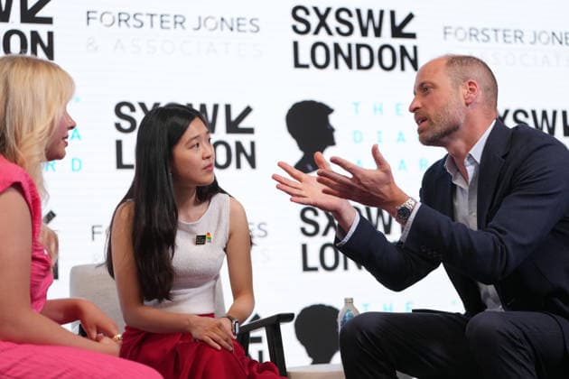 . 03 06 2026. London, United Kingdom. Prince William speaks to two winners of The Diana Award, Sophie Pender and Vivi Lin , at the SXSW Festival in London.  xPoolx xi-Imagesx IIM-26803-0065