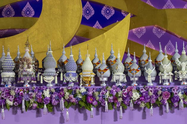 Birthday of Thai Queen Suthida in Bangkok BANGKOK, THAILAND - JUNE 03: Intricately decorated traditional Phan Busabok (offering bowls) are lined up on an altar during a ceremony held in honor of the birthday of Her Majesty Queen Suthida Bajrasudhabimalalakshana at Sanam Luang Royal Field in Bangkok, Thailand on June 03, 2026. Adryel Talamantes Anadolu Bangkok Thailand. Editorial use only. Please get in touch for any other usage.  Copyright: x2026xAnadoluxAdryelxTalamantesx