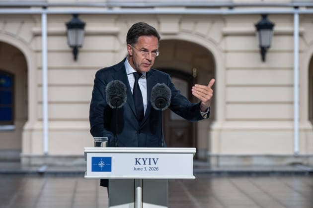 Volodymyr Zelenskyy and Mark Rutte speak at joint press conference in Kyiv KYIV, UKRAINE - JUNE 3: NATO Secretary General Mark Rutte and Ukrainian President Volodymyr Zelenskyy (not seen) hold a joint press conference in Kyiv, Ukraine, on June 3, 2026. Danylo Antoniuk Anadolu Kyiv Ukraine. Editorial use only. Please get in touch for any other usage.  Copyright: x2026xAnadoluxDanyloxAntoniukx