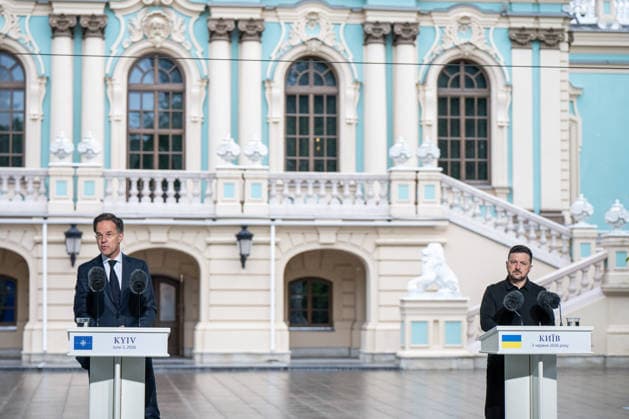 Volodymyr Zelenskyy and Mark Rutte speak at joint press conference in Kyiv KYIV, UKRAINE - JUNE 3: Ukrainian President Volodymyr Zelenskyy (L) and NATO Secretary General Mark Rutte (R) hold a joint press conference in Kyiv, Ukraine, on June 3, 2026. Danylo Antoniuk Anadolu Kyiv Ukraine. Editorial use only. Please get in touch for any other usage.  Copyright: x2026xAnadoluxDanyloxAntoniukx