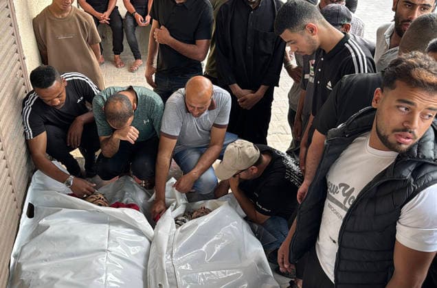 Mourners Bid Farewell to Palestinians Killed in Israeli Strike Relatives and mourners bid farewell to the bodies of Saqr Khalil Abu Karim (al-Aidi) and Moamen Khalil Abu Karim (al-Aidi) during their funeral at Al-Aqsa Martyrs Hospital in Deir al-Balah, central Gaza Strip, on June 3, 2026. The two Palestinians were killed in an Israeli strike that targeted the vicinity of Maki Roundabout in the Maghazi refugee camp, according to medical and local sources. Photo by Ahmed Ibrahim apaimages Deir al-Balah Gaza Palestinian Territory 030626_Deir_al-Balah_AI_01(23) Copyright: xapaimagesxAhmedxIbrahimx xapaimagesx