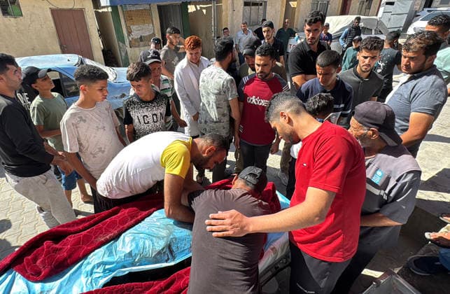 Mourners Bid Farewell to Palestinians Killed in Israeli Strike Relatives and mourners bid farewell to the bodies of Saqr Khalil Abu Karim (al-Aidi) and Moamen Khalil Abu Karim (al-Aidi) during their funeral at Al-Aqsa Martyrs Hospital in Deir al-Balah, central Gaza Strip, on June 3, 2026. The two Palestinians were killed in an Israeli strike that targeted the vicinity of Maki Roundabout in the Maghazi refugee camp, according to medical and local sources. Photo by Ahmed Ibrahim apaimages Deir al-Balah Gaza Palestinian Territory 030626_Deir_al-Balah_AI_01(4) Copyright: xapaimagesxAhmedxIbrahimx xapaimagesx