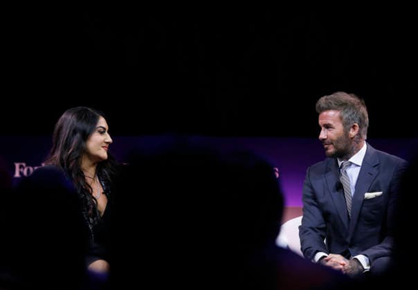 Editor-at-Large & Founder, Iconoclast.Forbes Maneet Ahuja speaks with Partner, Authentic Brands Group and Co-Owner, Inter Miami CF Sir David Beckham at the 2025 Forbes Iconoclast Summit on Wednesday, June 3, 2026 at Gotham Hall in New York City.  NYP20260603126 JohnxAngelillo